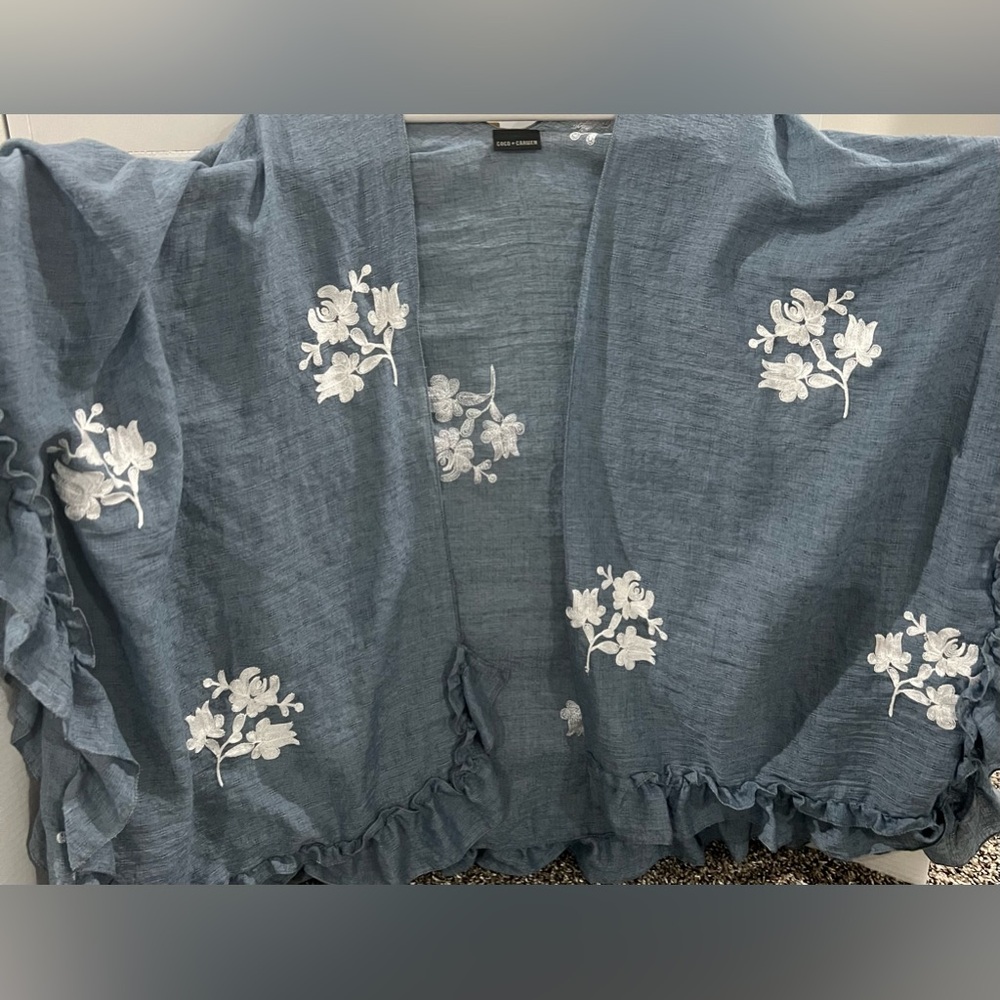 Coco & Carmen kimono - blue denim color with white embroidered flowers.
